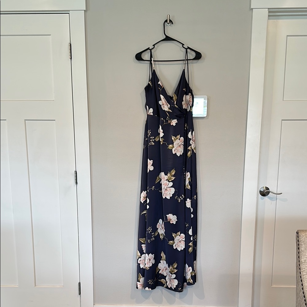Radiant Occasion Navy Blue Floral Satin A-Line Maxi Dress